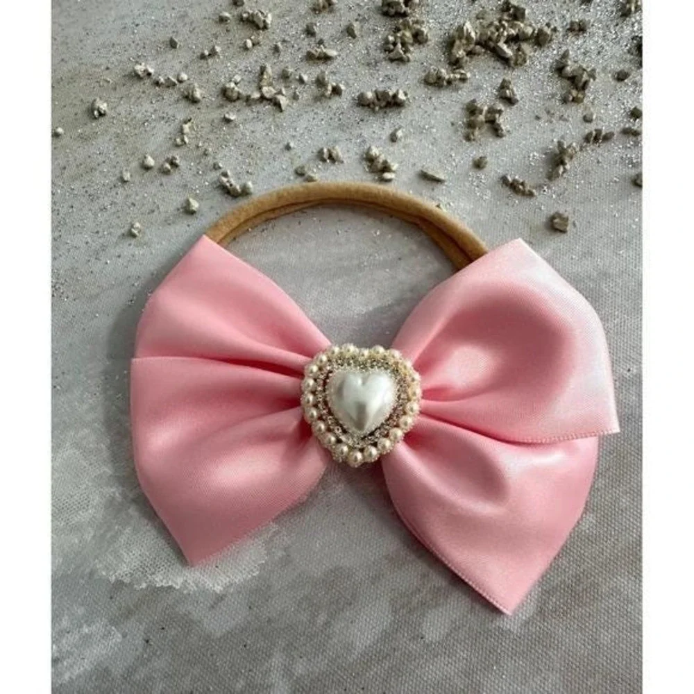 Baby Girl Pink Satin Bow Headband Pearl Heart Embellishment Toddler Accessory